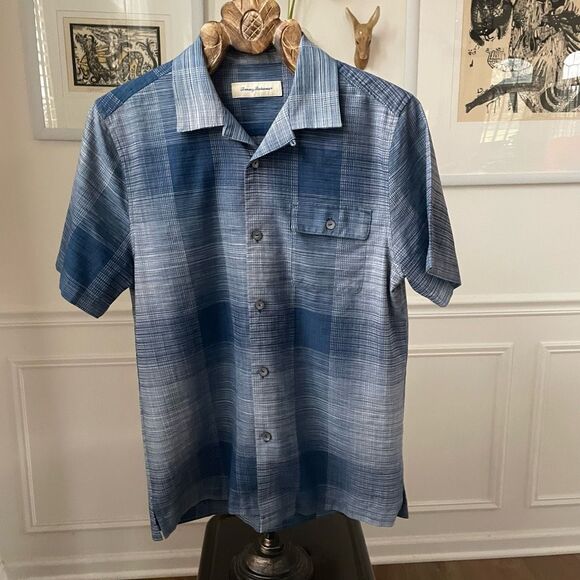 Tommy Bahama Silk Cotton Blue Plaid Short Sleeve Button Up Shirt M - Picture 2 of 5